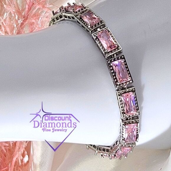 Pink Rectangular 5 mm Princess Cut Topaz Tennis Bracelet on 925 Silver - Picture 5 of 9